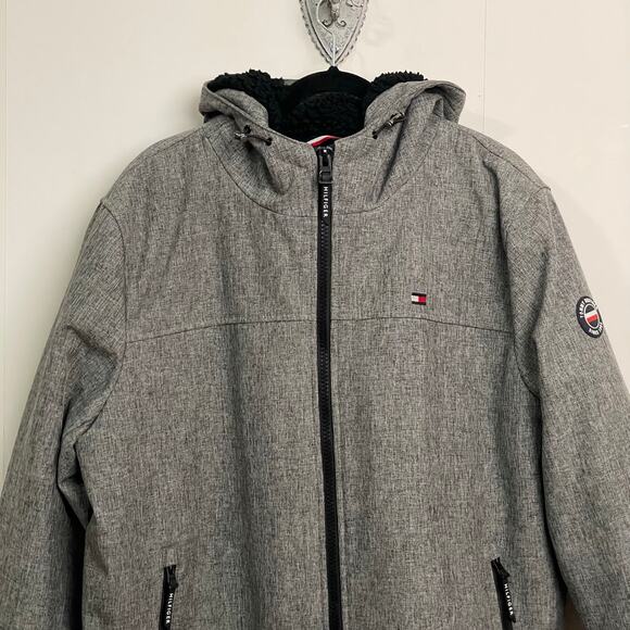 Tommy Hilfiger XL windbreaker fleece lined jacket hoodie full zip gray black - Picture 2 of 8